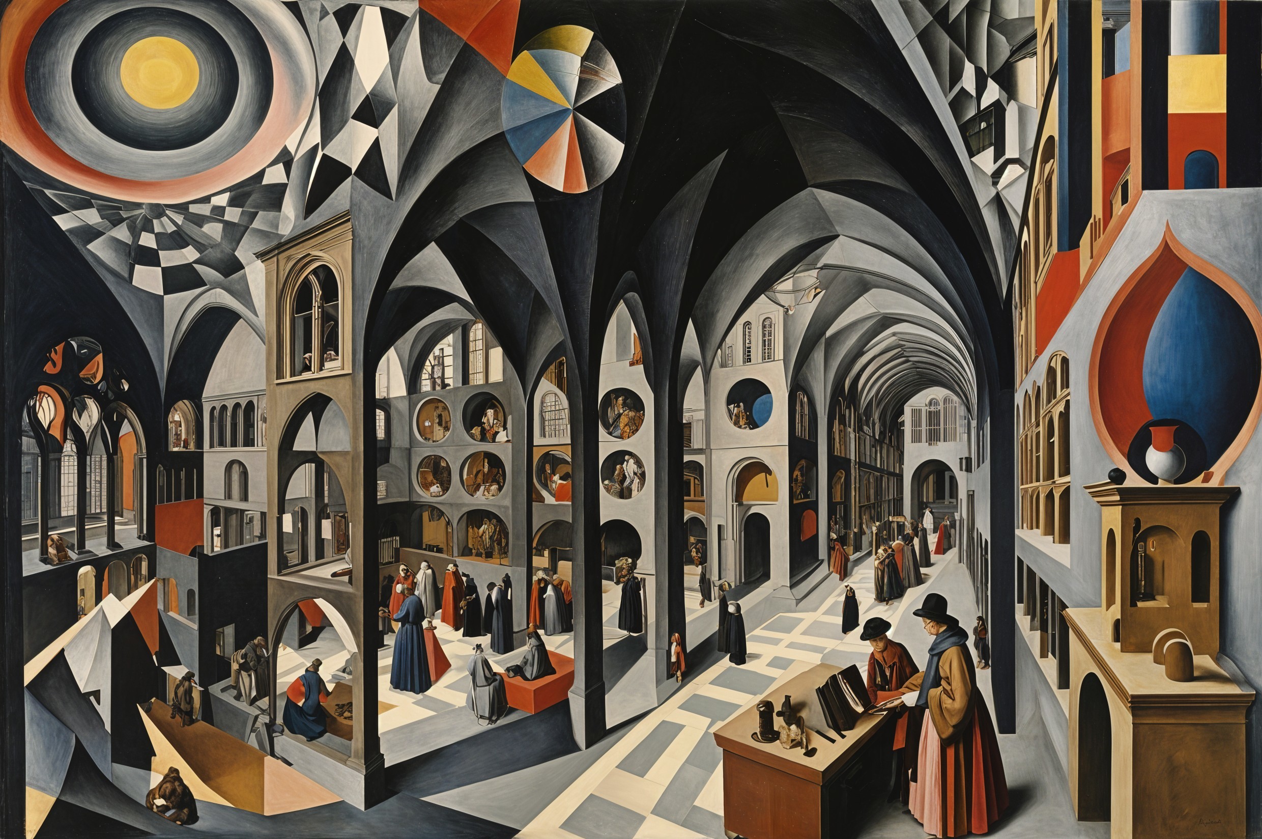 Grand Cathedral Interior with Vibrant Patterns and Costumes