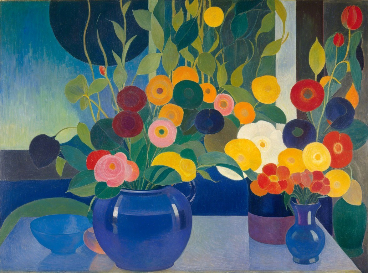 Vibrant Floral Arrangements in Blue Vases with Geometry