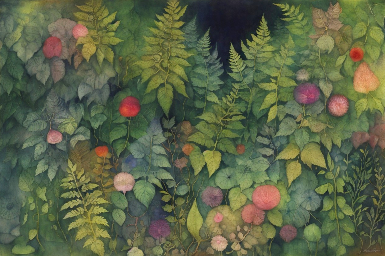 Lush Botanical Scene with Colorful Foliage and Flowers