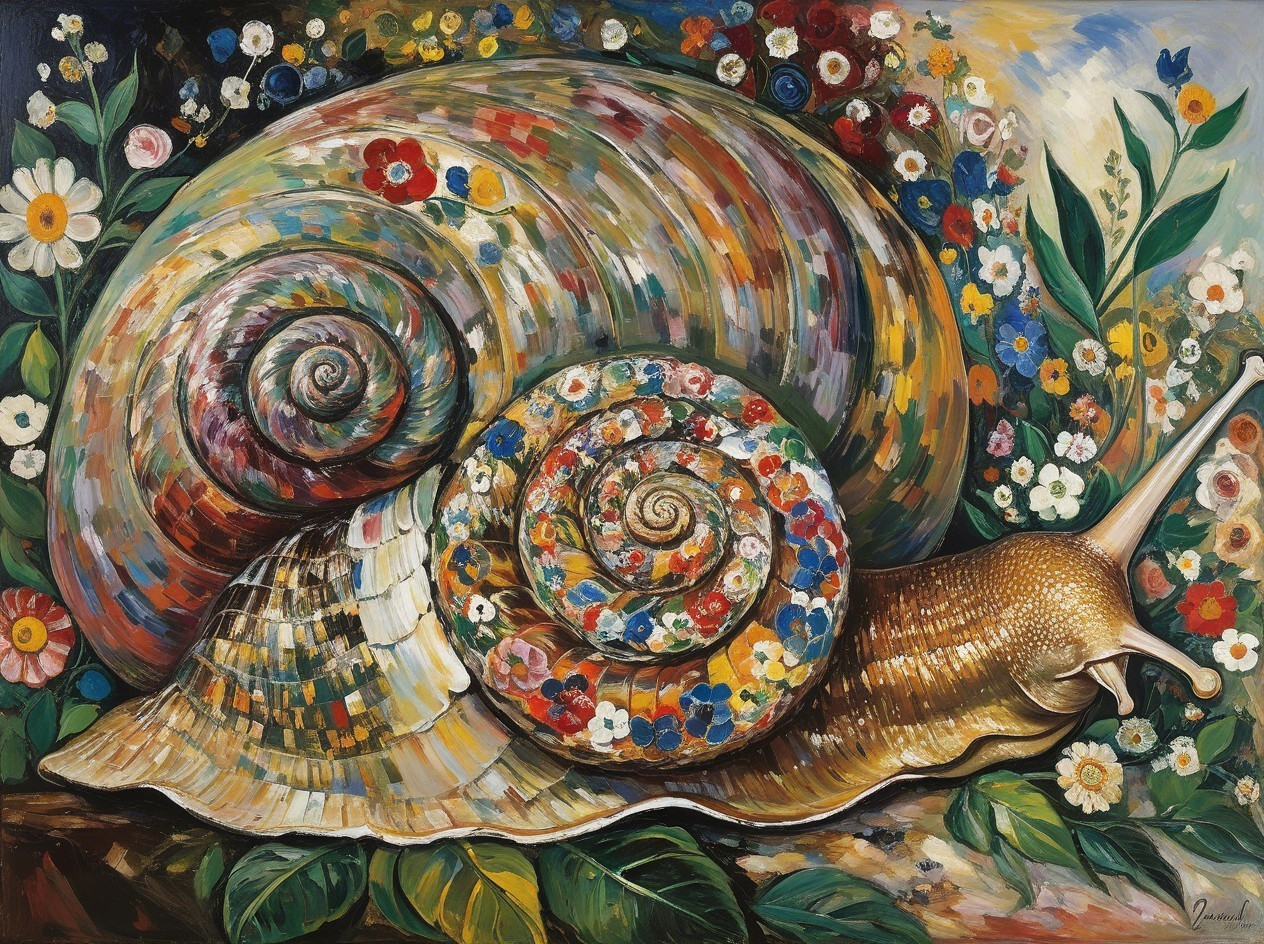 Close-Up of a Colorful Floral Snail Oil Painting