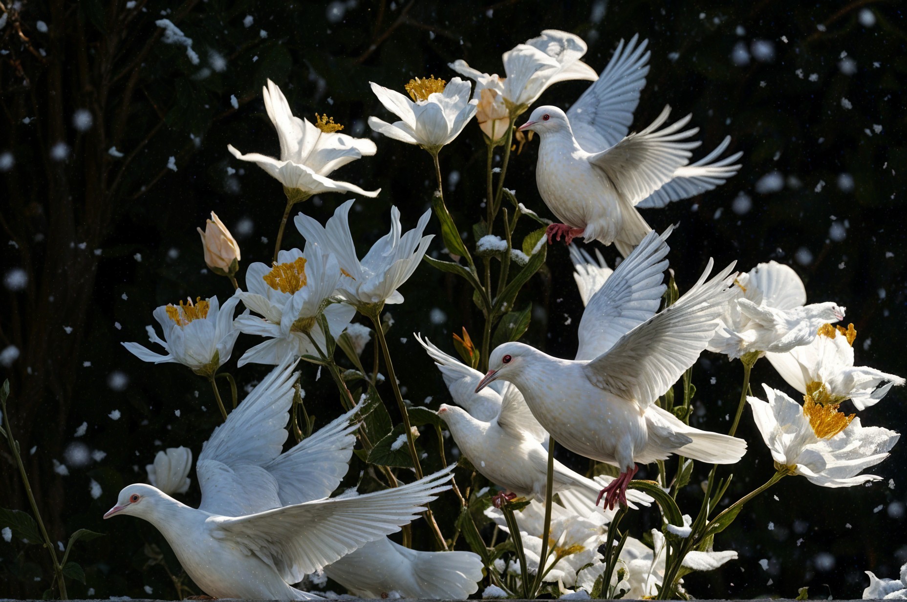 White Doves and Flowers in a Serene Winter Scene