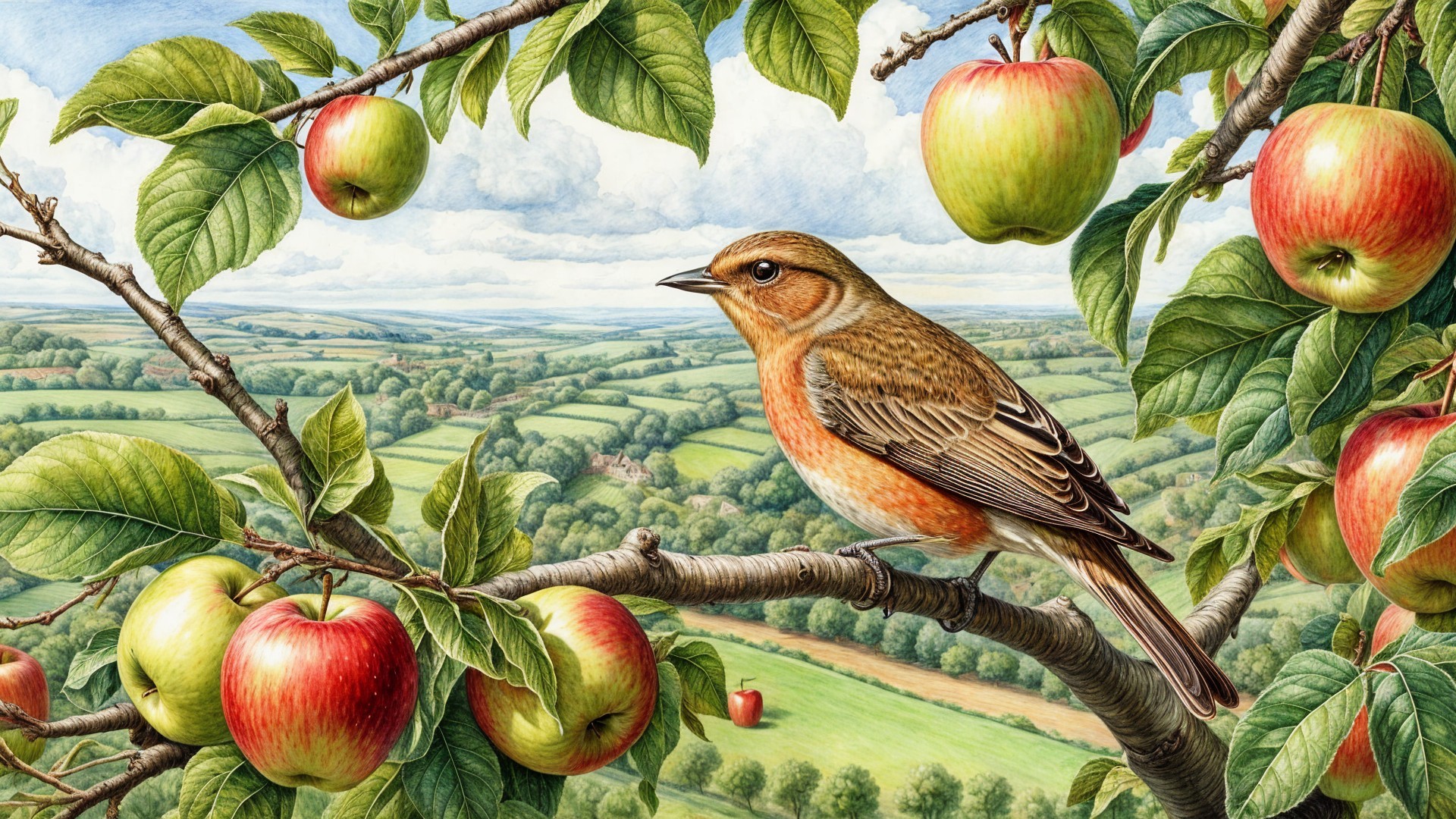 Bird on Branch Amidst Lush Apple Trees and Hills