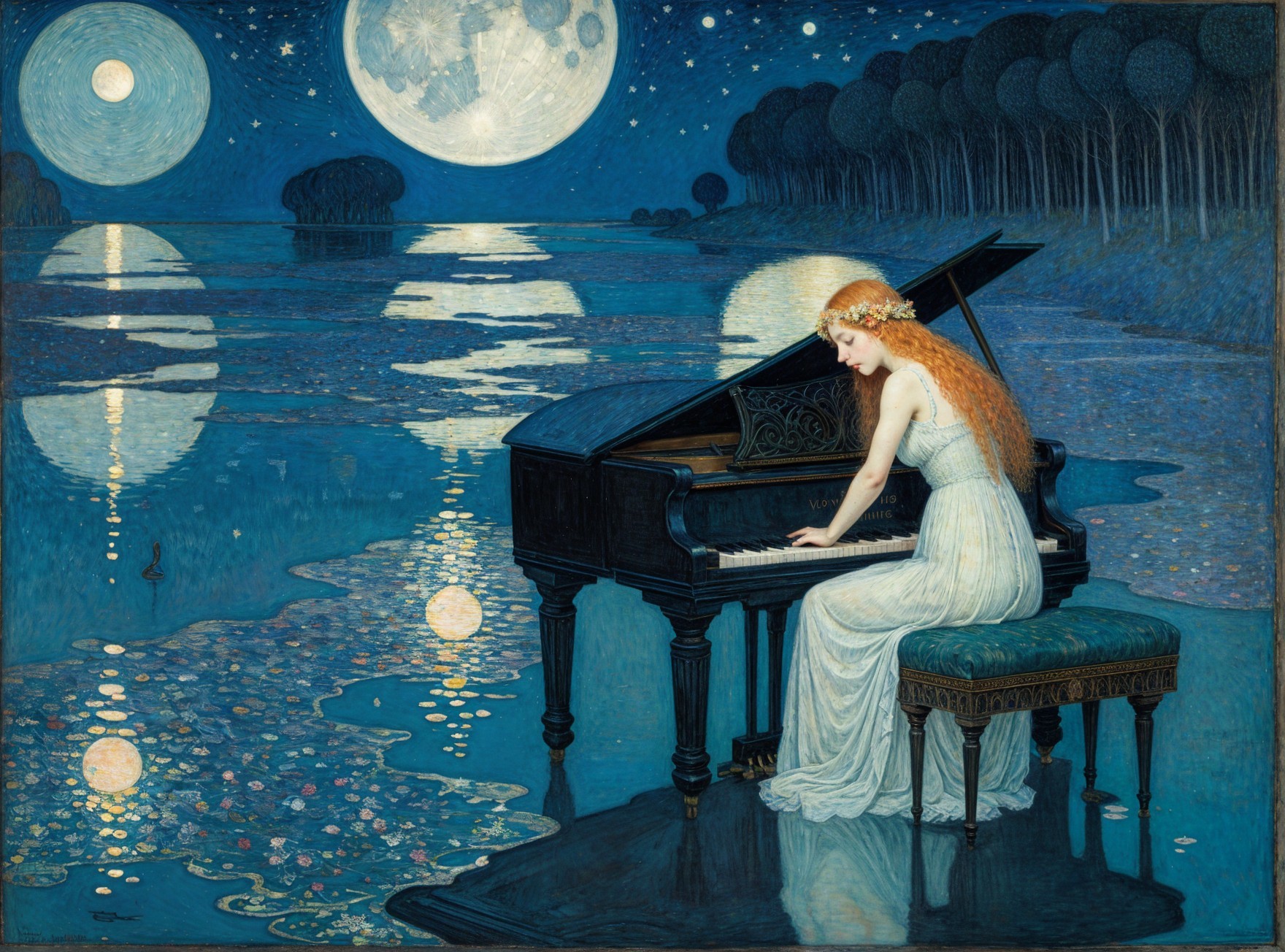 Nighttime Piano Performance by a Shimmering Lake