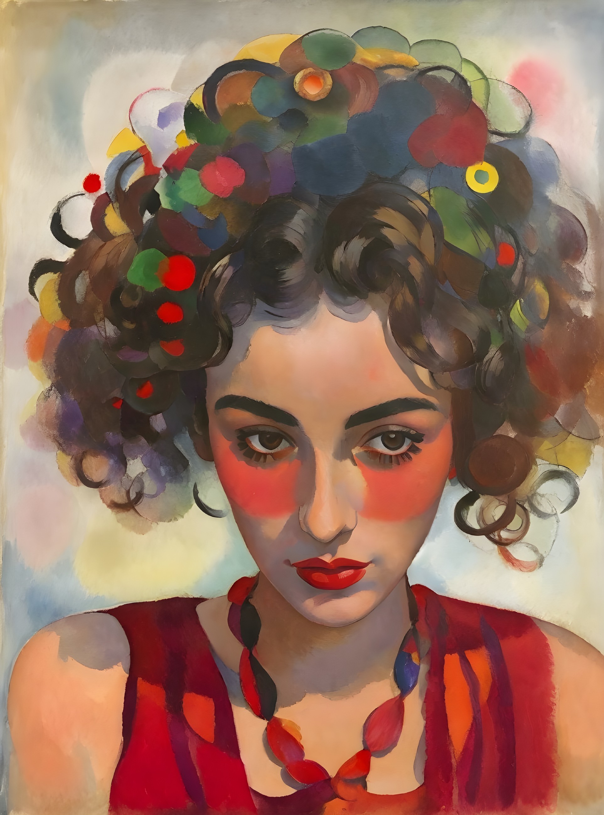 Vibrant woman portrait with floral headpiece and intense gaze