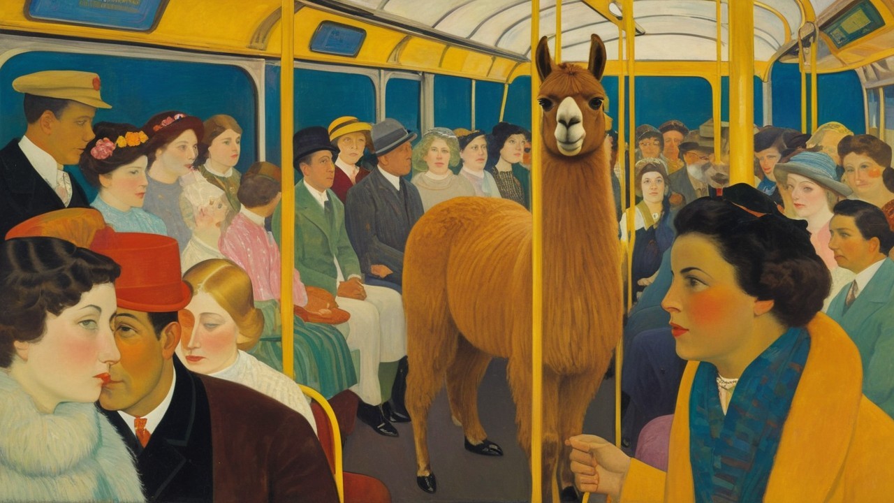 Surreal Scene Inside Vintage Bus with Passengers and Llama