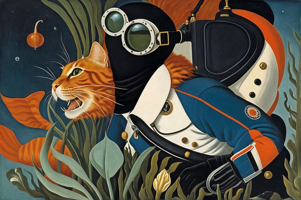 Whimsical Artwork of Diver and Cat Fusion Underwater