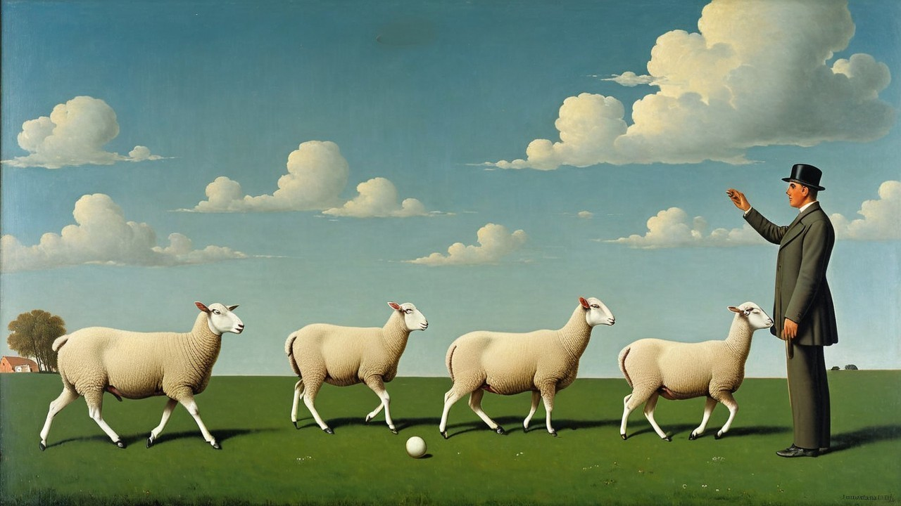 Surreal Scene of Man with Sheep in Vibrant Landscape