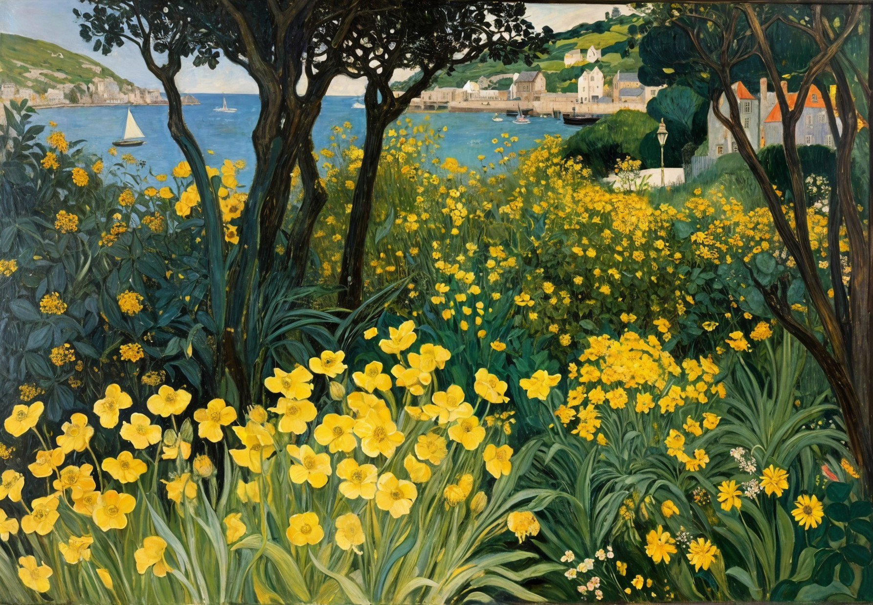Vibrant Coastal Landscape with Sailboats and Flowers
