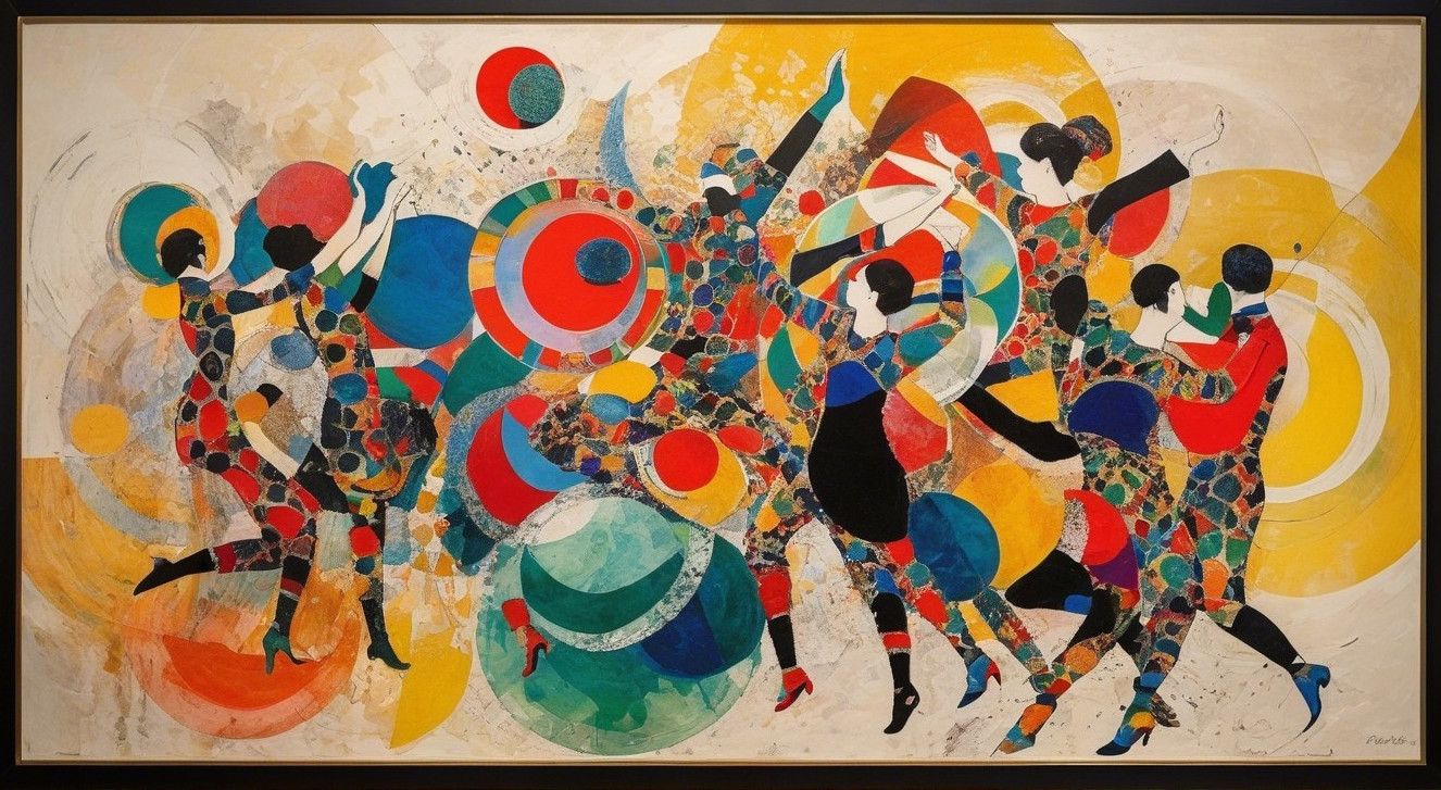 Vibrant Abstract Artwork with Dynamic Figures and Colors