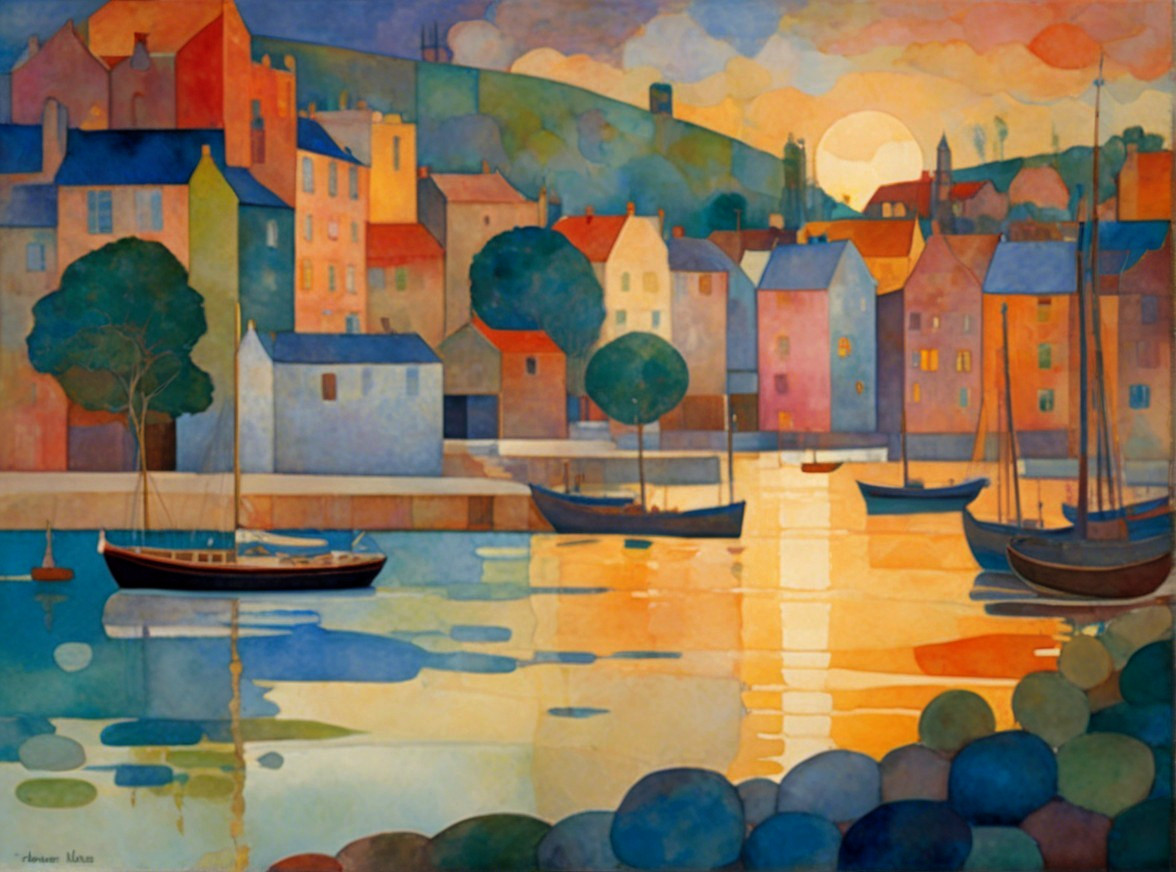 Colorful Harbor Landscape at Sunset with Sailboats