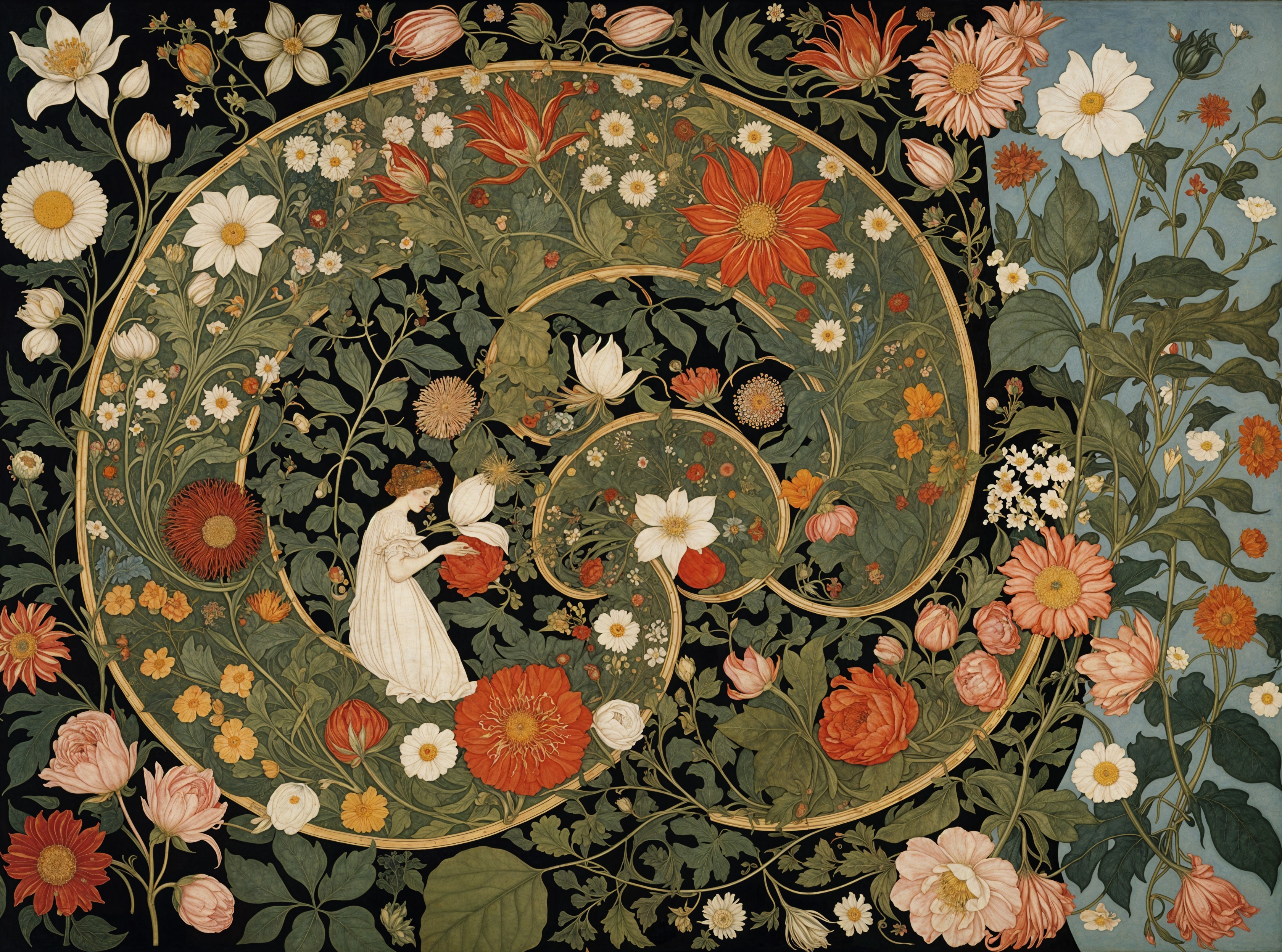 Organic Spiral Pattern with Flowers and Woman in Dress