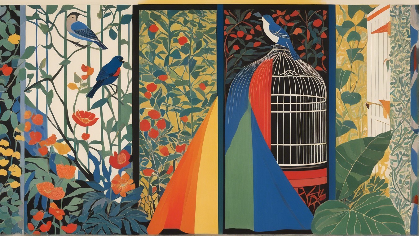 Vivid Mural of a Garden with Birds and Birdcage