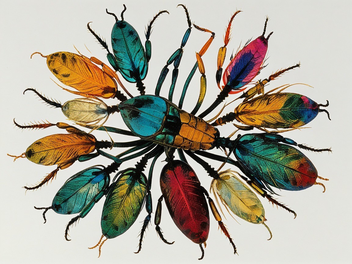 Colorful Beetles and Feathers in Intricate Arrangement