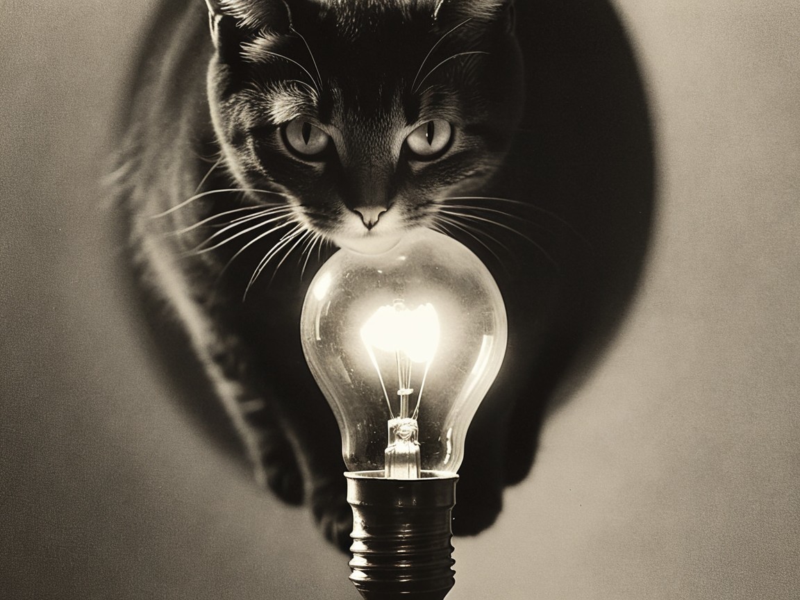 Black and white photo of a cat by a glowing light bulb