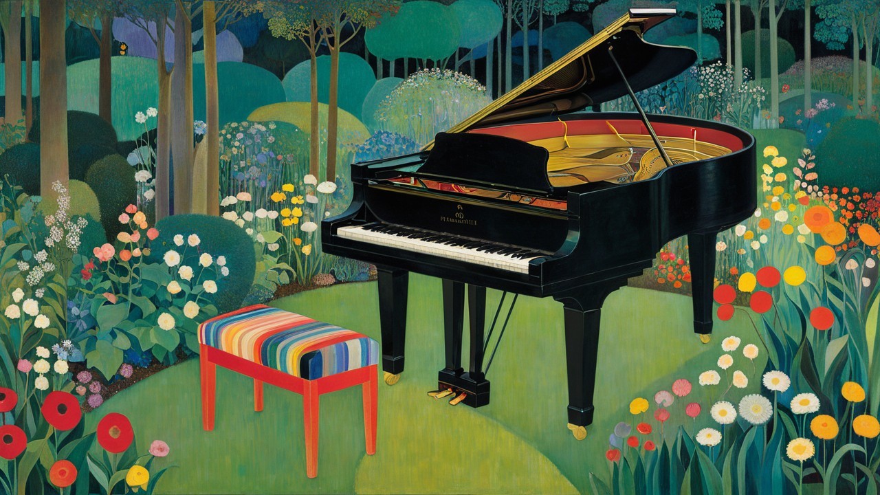 Grand Piano in a Colorful Garden Setting