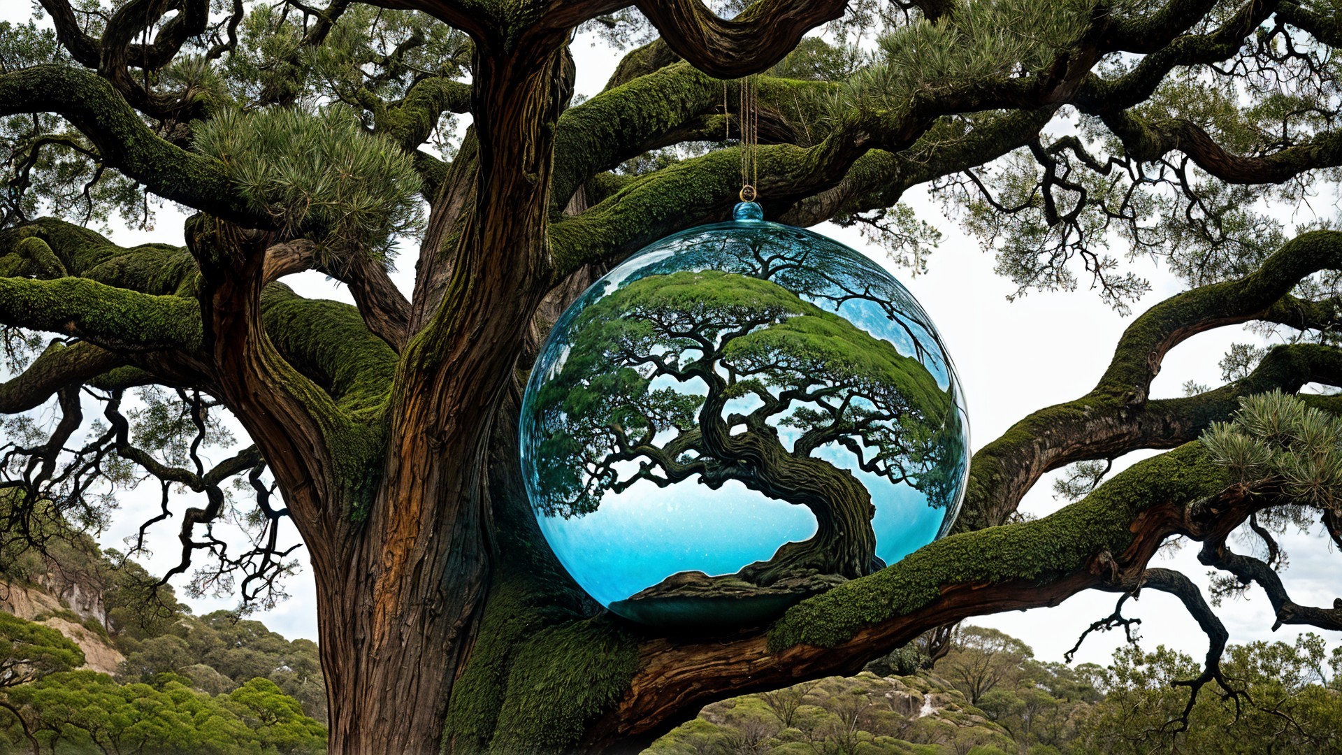 Majestic Tree with Reflective Ornament and Lush Moss