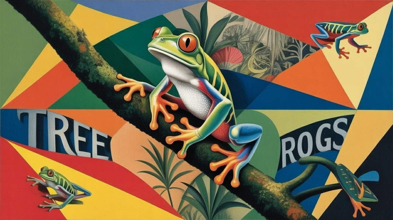 Abstract Art of Colorful Tree Frogs on Branch