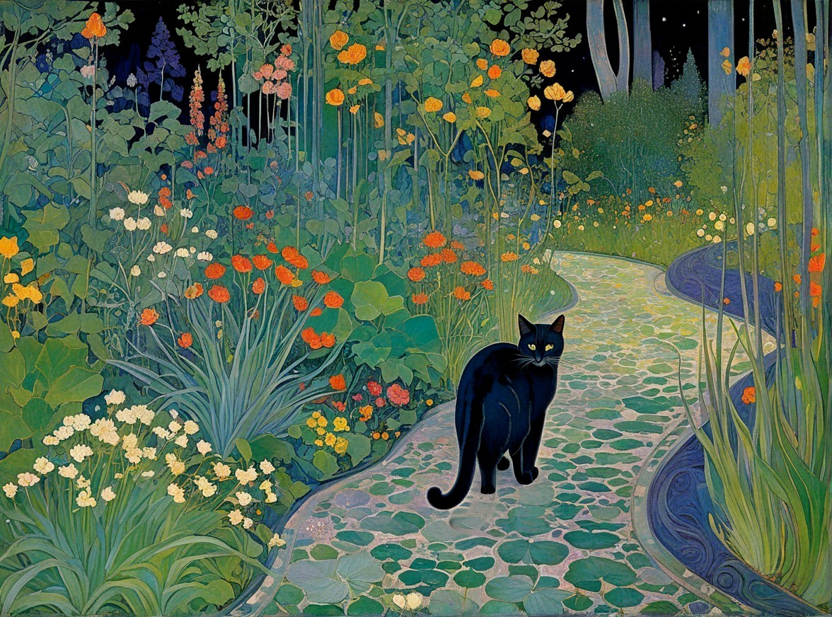 Serene garden path with vibrant flowers and a cat