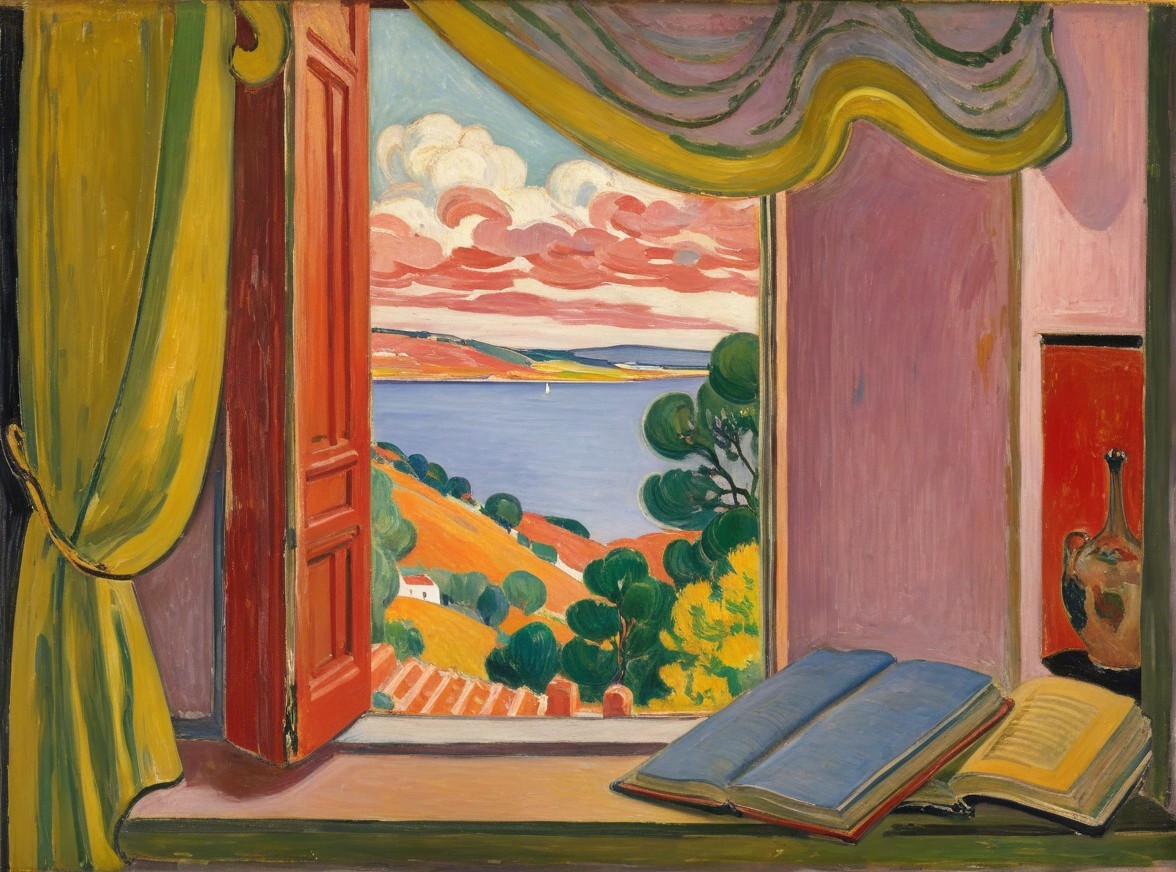 Vibrant Window View of Serene Landscape and Book