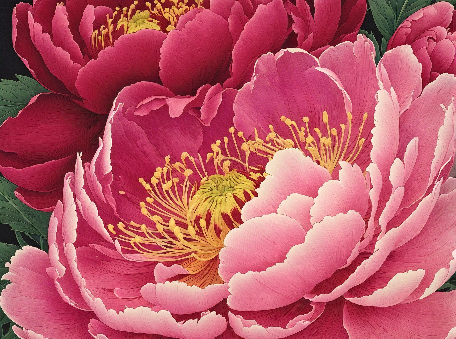 Digital Painting of Pink Peony Flowers on Black Background