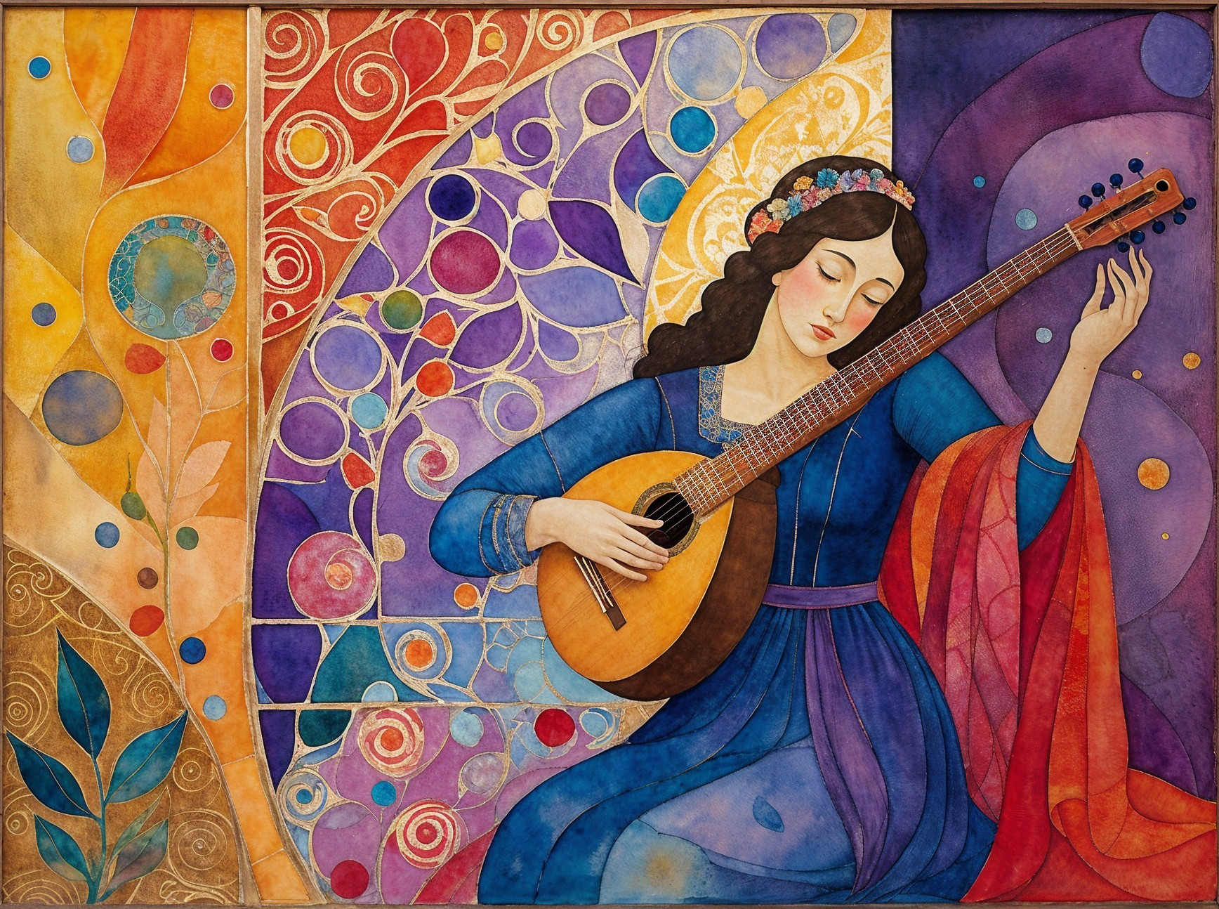 Serene Woman Playing Lute in Vibrant Colors