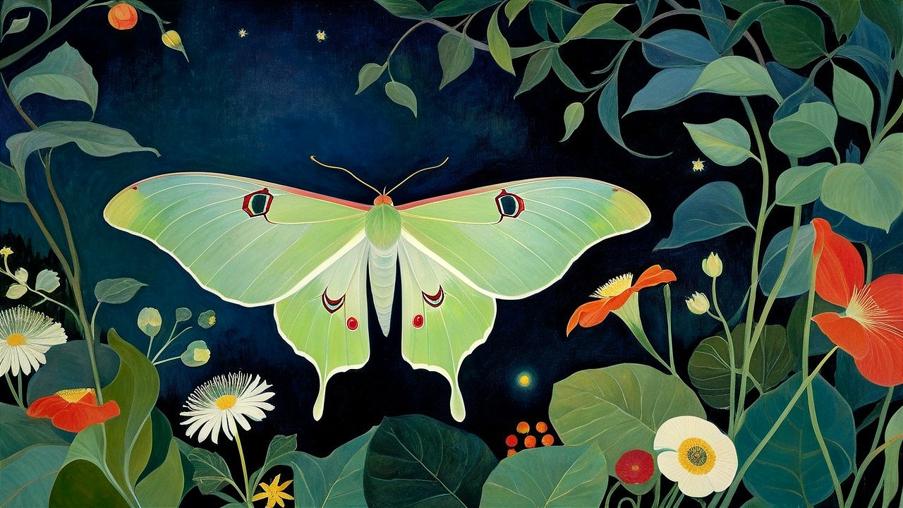 Ethereal Butterfly Amidst Lush Nighttime Foliage