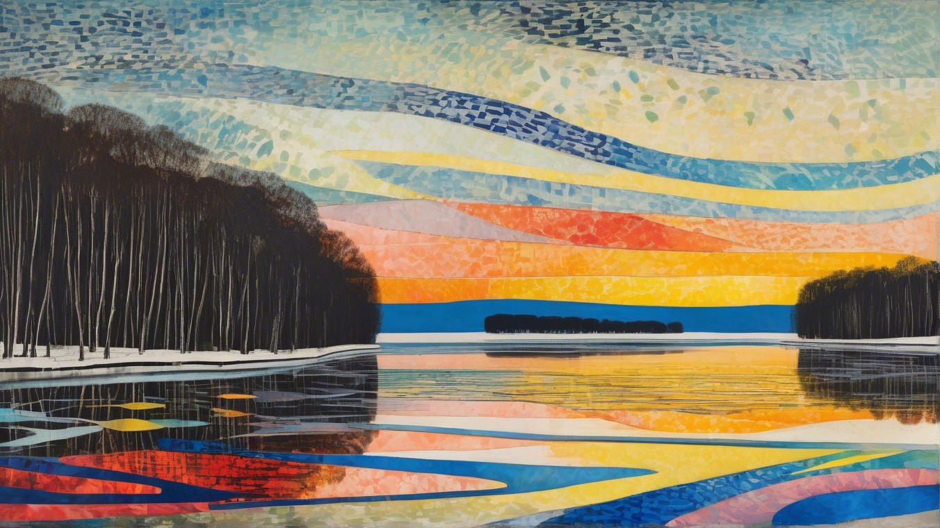 Serene Landscape with Calm River and Sunset Reflections