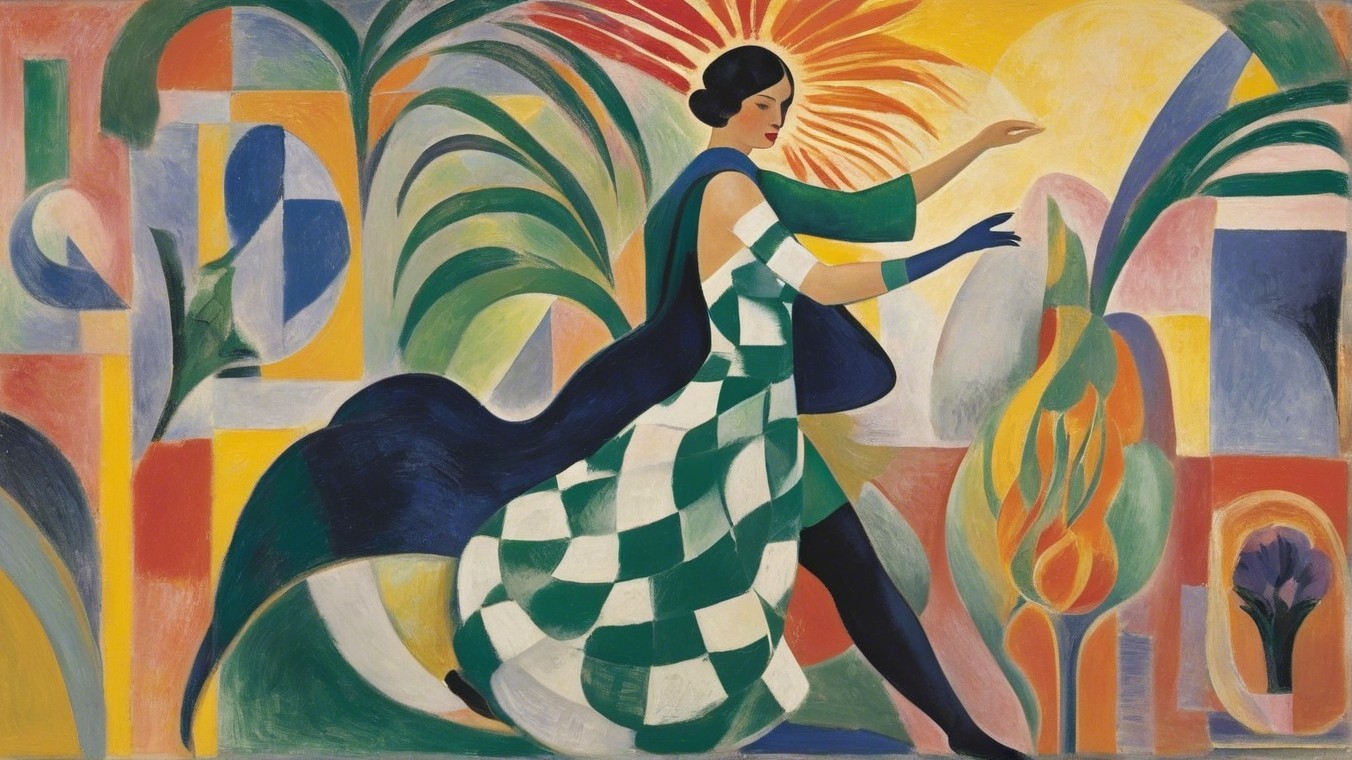 Stylized Female Figure in Vibrant Abstract Setting