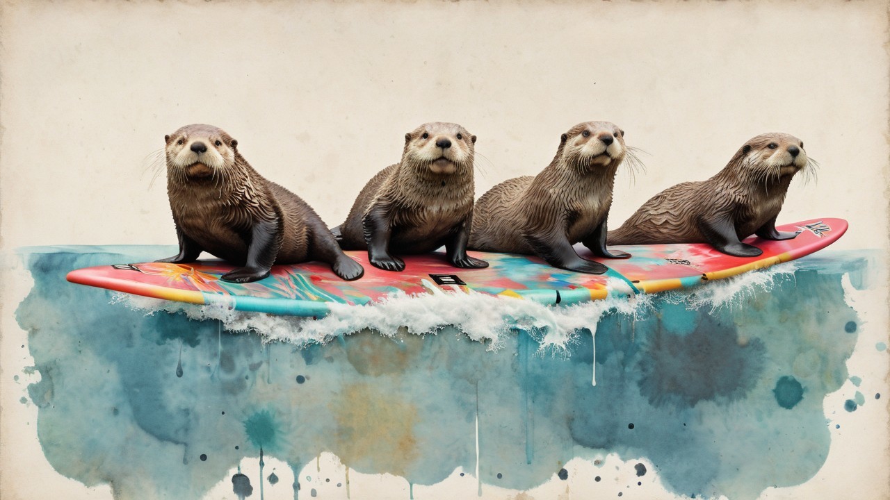 Otters Riding a Colorful Surfboard on Vibrant Waves
