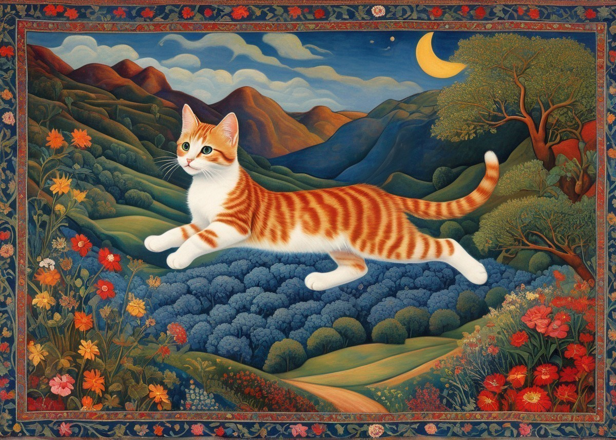 Colorful Landscape with Orange Tabby Cat and Moon