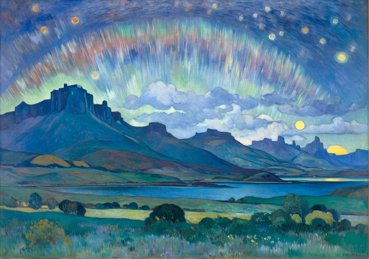 Vibrant Landscape with Lake and Aurora Night Sky