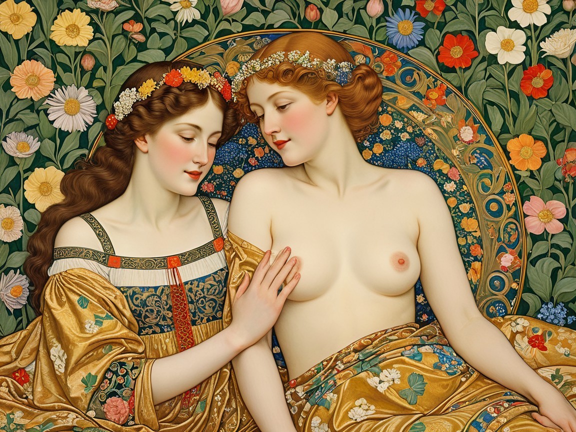 Women in a Lush Garden with Vibrant Flowers and Gold