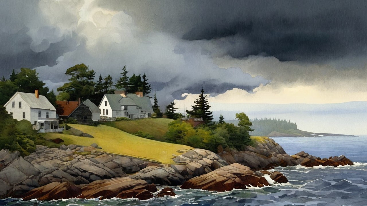 Coastal Scene with Rugged Rocks and Charming Houses