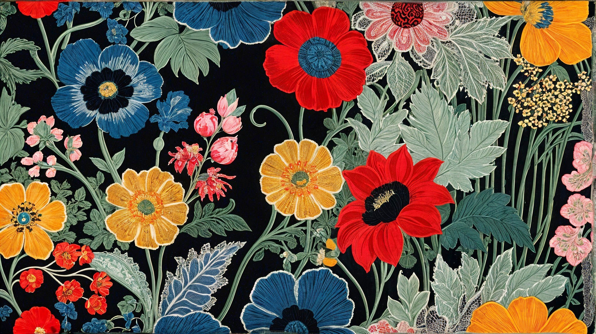 Vibrant Floral Pattern on Black Background