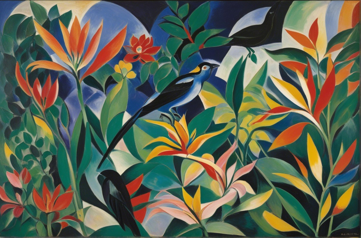 Vibrant Tropical Scene with Colorful Foliage and Bird