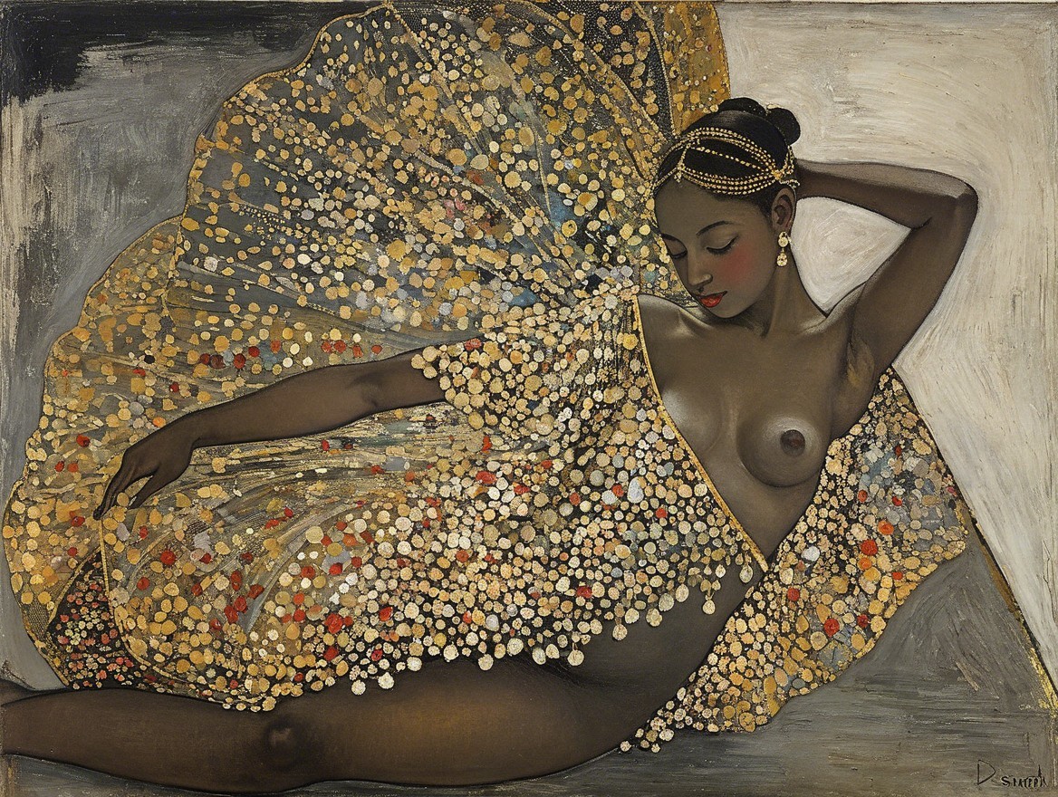 Nude Woman Draped in Golden Fabric in Oil Painting