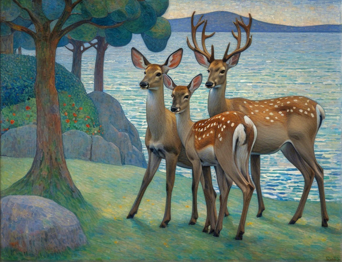 Deer by a Tranquil Lake in a Serene Landscape