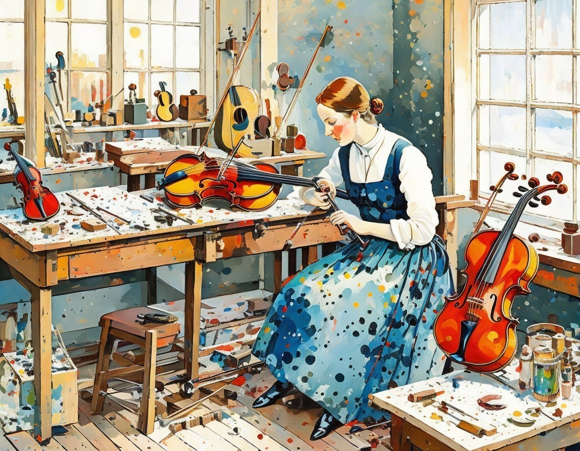 Woman in Blue Apron Repairing Violin in Music Studio