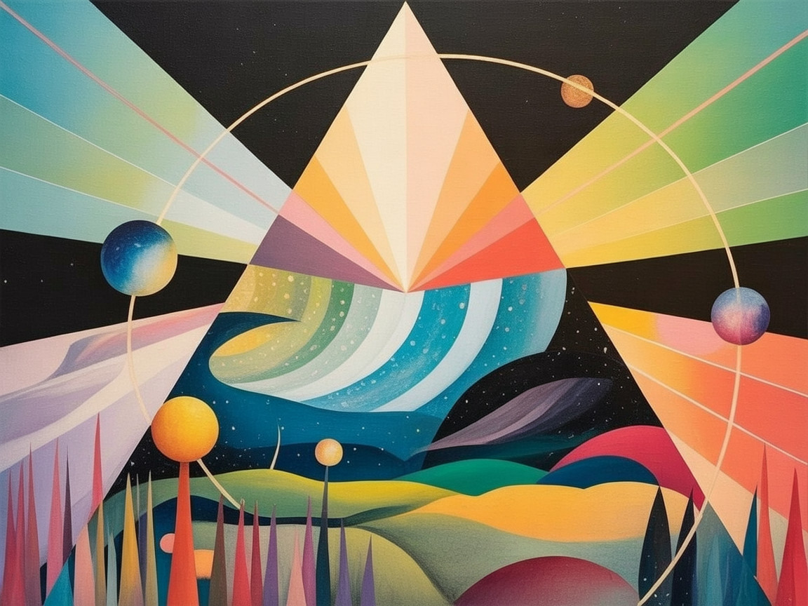 Vibrant Abstract Landscape with Central Pyramid and Cosmos