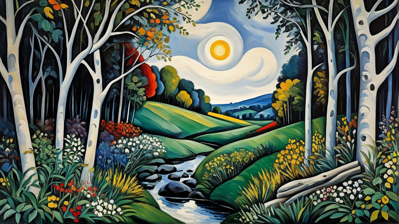 Vibrant Landscape with Green Hills and Stream