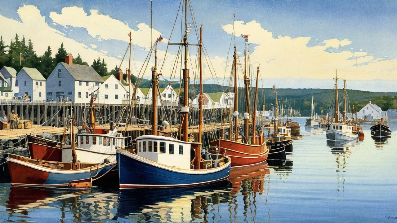 Colorful Fishing Boats in a Serene Harbor Scene