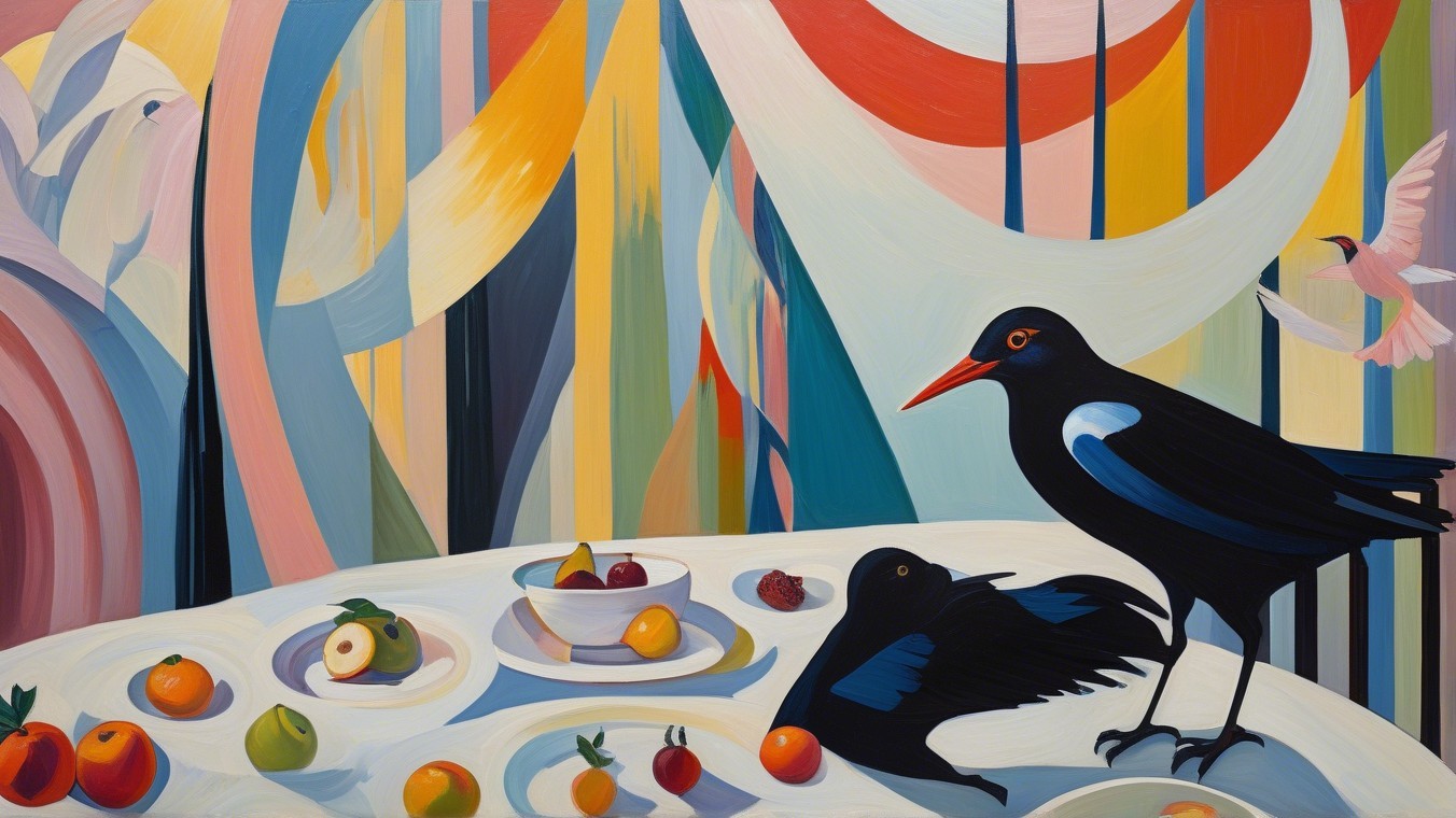 Vibrant Still Life with Black Birds and Fruit Display