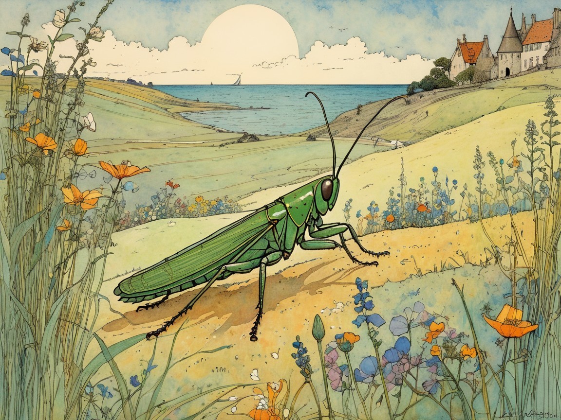 Vibrant Landscape with Grasshopper and Scenic Hills