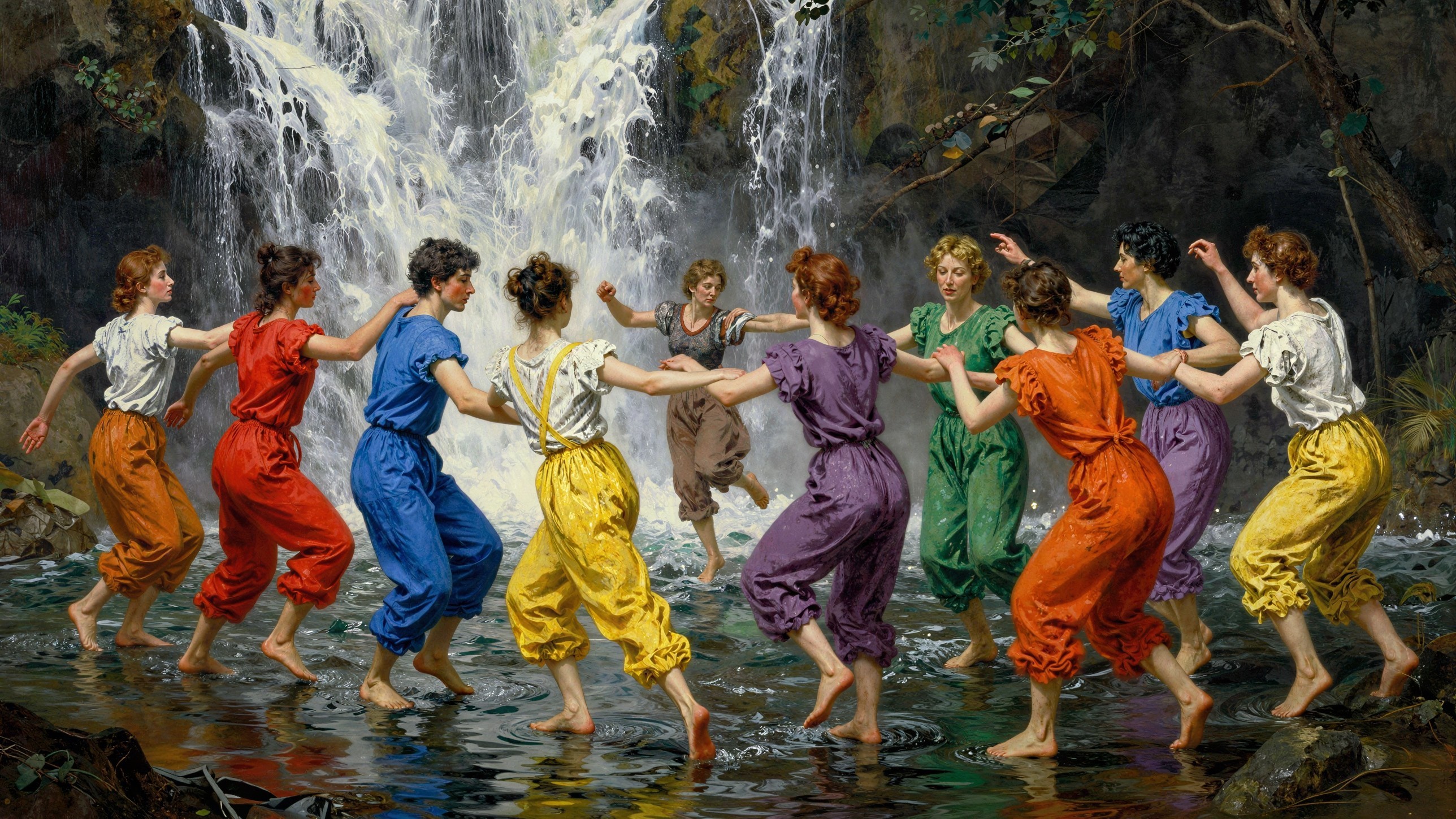Painting of Young Women Dancing by a Waterfall