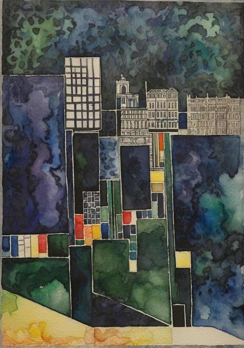 Vibrant Abstract Watercolor Cityscape with Geometry