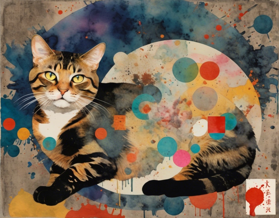 Tabby Cat Against Vibrant Abstract Background Art