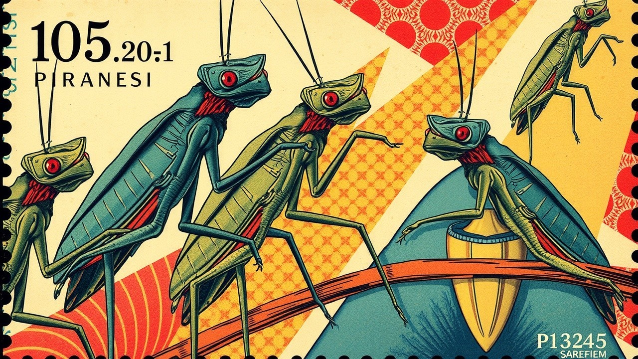 Vibrant Stylized Stamp Design with Colorful Grasshoppers
