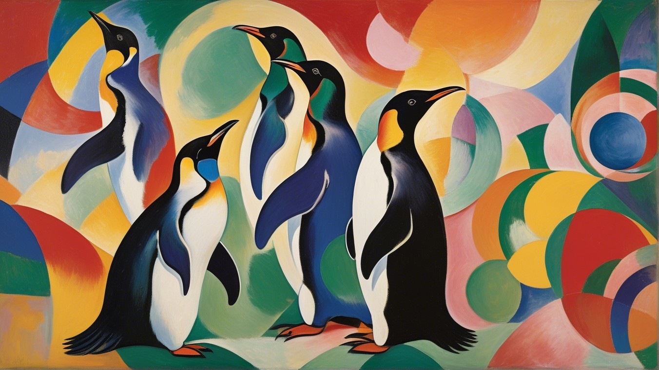 Abstract Artwork of Colorful Penguins with Geometric Background