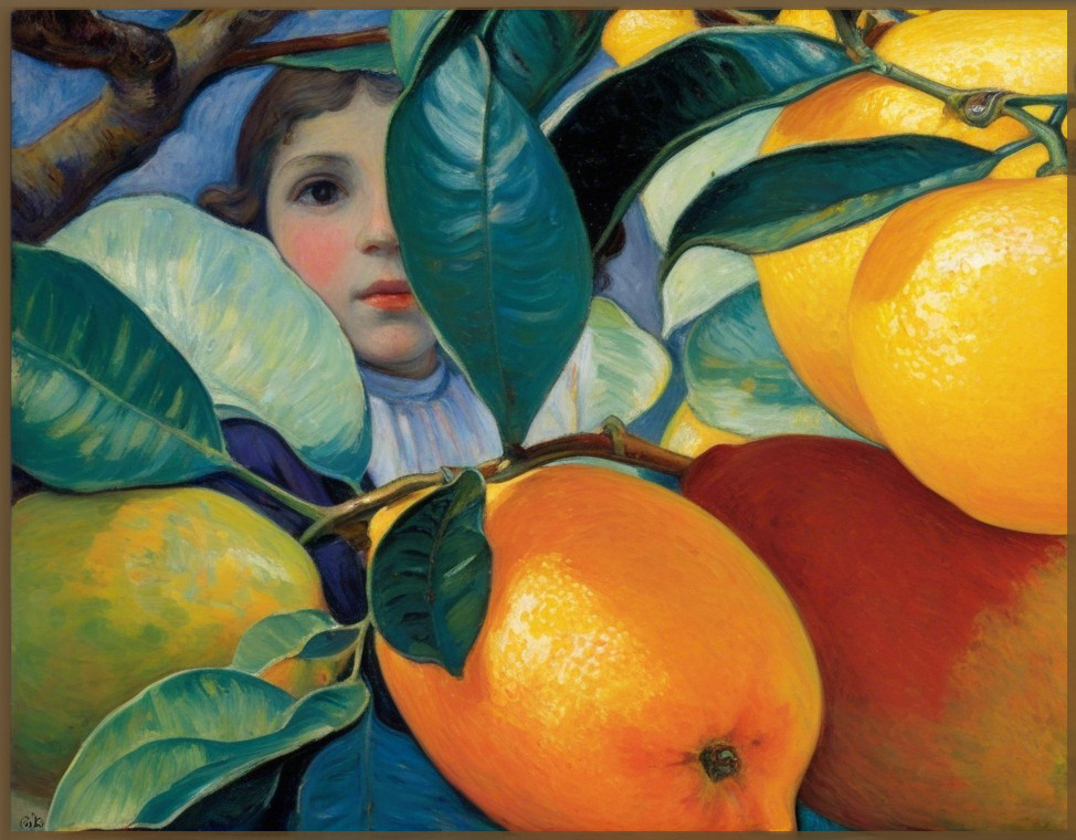 Young Girl Surrounded by Vibrant Fruits and Leaves