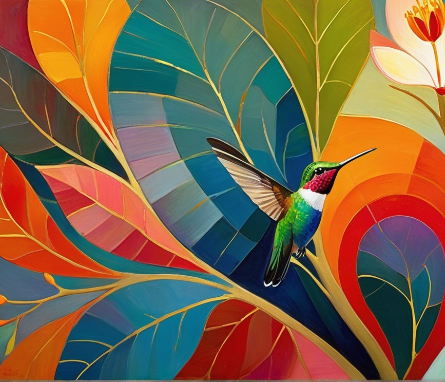 Vibrant Hummingbird Amidst Colorful Abstract Leaves